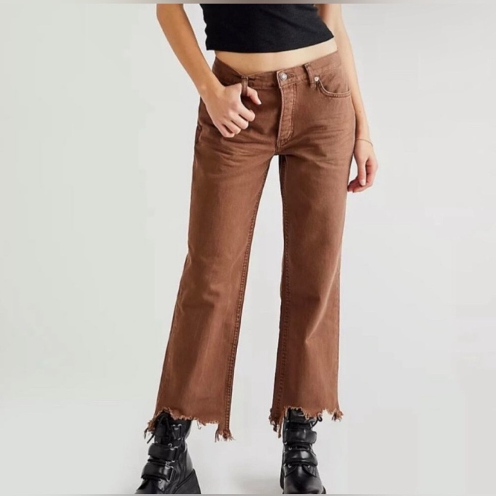 Free People Rust Brown Cropped Raw-Hem Jeans